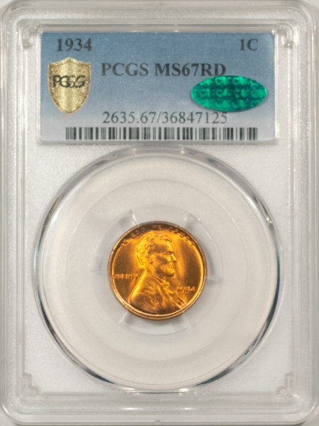 CAC Approved Coins 1934 LINCOLN CENT – PCGS MS-67 RD, PREMIUM QUALITY+ & CAC APPROVED!