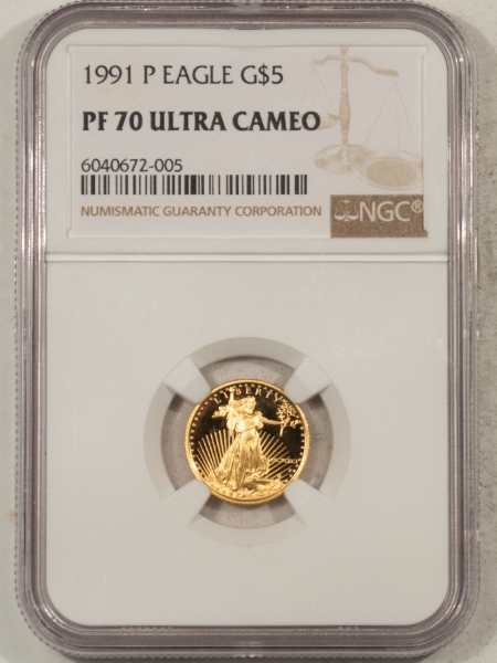 American Gold Eagles, Buffaloes, & Liberty Series 1991-P PROOF 1/10 OZ $5 AMERICAN GOLD EAGLE – NGC PF-70 ULTRA CAMEO, PERFECT!