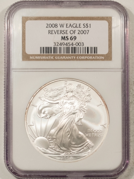 American Silver Eagles 2008-W REVERSE OF 2007 1 OZ BURNISHED AMERICAN SILVER EAGLE NGC MS-69, TOUGH!
