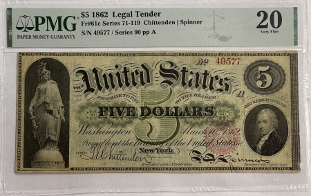 Large U.S. Notes 1862 $5 LEGAL TENDER, FR-61c, PMG VF-20 FRESH W/ NICE CENTERING & COLOR!