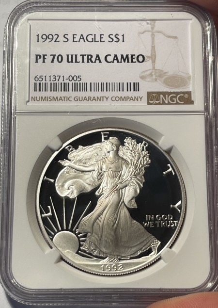 American Silver Eagles 1992-S $1 1 OZ PROOF AMERICAN SILVER EAGLE – NGC PF-70 ULTRA CAMEO, BROWN LABEL