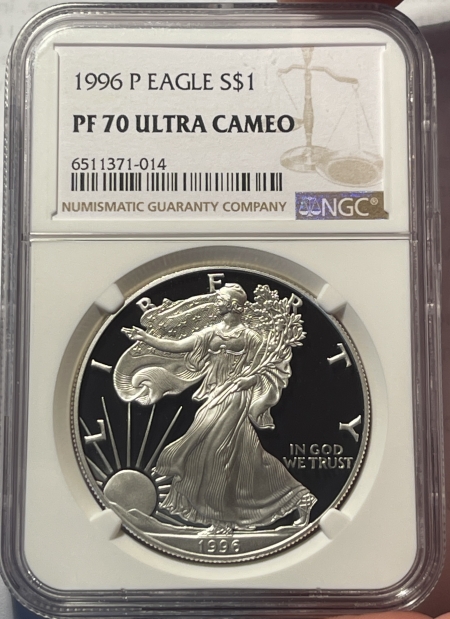 American Silver Eagles 1996-P $1 1 OZ PROOF AMERICAN SILVER EAGLE – NGC PF-70 ULTRA CAMEO, BROWN LABEL