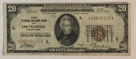 Small Federal Reserve Notes 1929 $20 FRBN BROWN SEAL, SAN FRANCISCO, CA; FR-1870L, FRESH  & ORIGINAL VF!