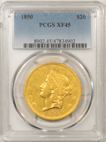 $20 1850 TYPE 1 $20 LIBERTY GOLD – PCGS XF-45, 1ST YEAR, SMOOTH & PLEASING!