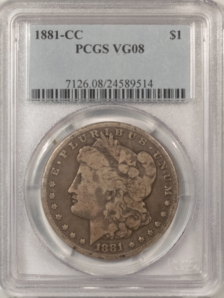 Morgan Dollars 1881-CC MORGAN DOLLAR – PCGS VG-8, NICE ORIGINAL CARSON CITY! LOW MINTAGE!