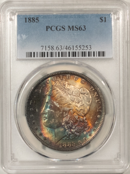 Morgan Dollars 1885 MORGAN DOLLAR – PCGS MS-63, GORGEOUS TWO SIDED RAINBOW!