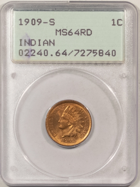 Indian 1909-S INDIAN CENT – PCGS MS-64 RD, RATTLER, SCARCE COIN!