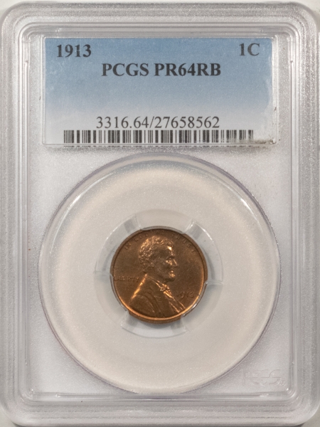 Lincoln Cents (Wheat) 1913 MATTE PROOF LINCOLN CENT – PCGS PR-64 RB, NICE, ORIGINAL!