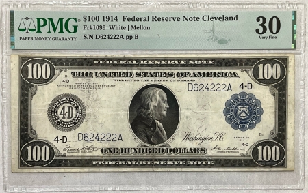 Large Federal Reserve Notes 1914 $100 FEDERAL RESERVE NOTE, 4-D CLEVELAND FR-1099 PMG VF-30 MINOR REPAIRS