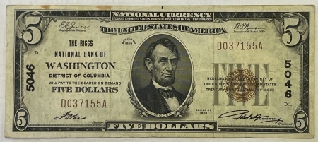 Small United States Notes 1929 $5 RIGGS NATIONAL BANK OF WASHINGTON, DC – CHTR 5046, VERY FINE!
