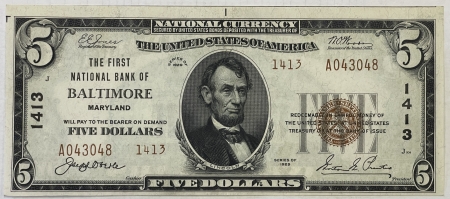 Small United States Notes 1929 $5 FIRST NATIONAL BANK OF BALTIMORE, MD – TY2, CHTR 1413, CRISP & AU+!