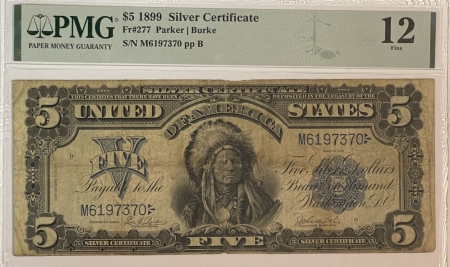 Large Silver Certificates 1899 $5 “CHIEF” SILVER CERTIFICATE, FR-277, PARKER-BURKE, PMG F-12, TAPE REPAIR