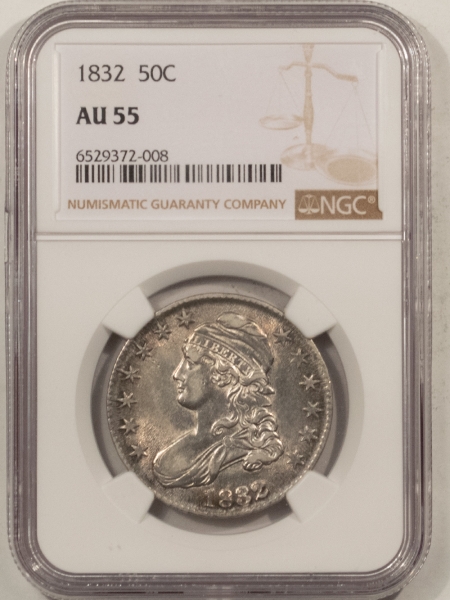 Early Halves 1832 CAPPED BUST HALF DOLLAR – NGC AU-55, LUSTROUS & ATTRACTIVE!