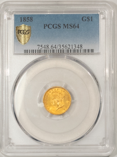 $1 1858 $1 GOLD DOLLAR – PCGS MS-64, FRESH & PREMIUM QUALITY!