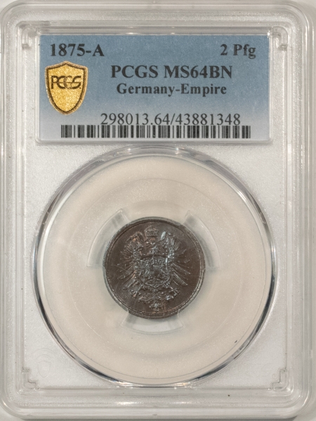 New Certified Coins 1875-A 2 PFENNIG GERMANY – EMPIRE, KM-2 – PCGS MS-64 BN, PRETTY!
