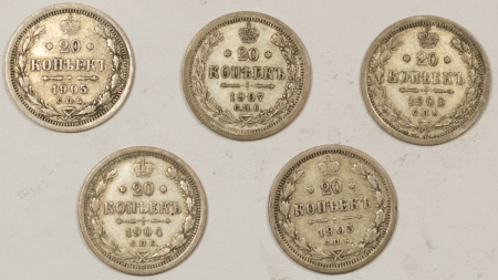 New Store Items RUSSIA, LOT OF 5 20 KOPEKS, 1903-1907, HIGH GRADE CIRC EXAMPLES; KRAUSE $100+