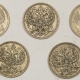 New Store Items RUSSIA, LOT OF 5 20 KOPEKS, 1903-1907, HIGH GRADE CIRC EXAMPLES; KRAUSE $100+