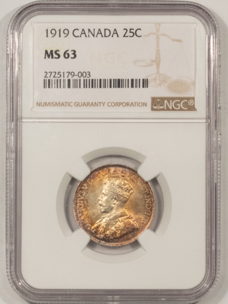 New Certified Coins 1919 CANADA TWENTY-FIVE CENTS, KM-24 – NGC MS-63, VERY PRETTY & PQ!