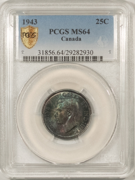 New Certified Coins 1943 CANADA TWENTY-FIVE CENTS PCGS MS-64, GORGEOUS!