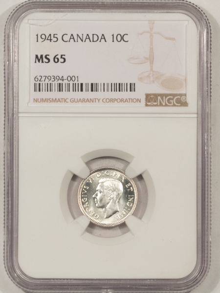 New Certified Coins 1945 CANADA TEN CENTS, KM-34 – NGC MS-65, WHITE, SEMI-PL GEM!
