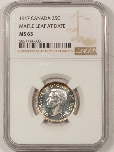 New Certified Coins 1947 CANADA TWENTY-FIVE CENTS MAPLE LEAF AT DATE NGC MS-63, PRETTY