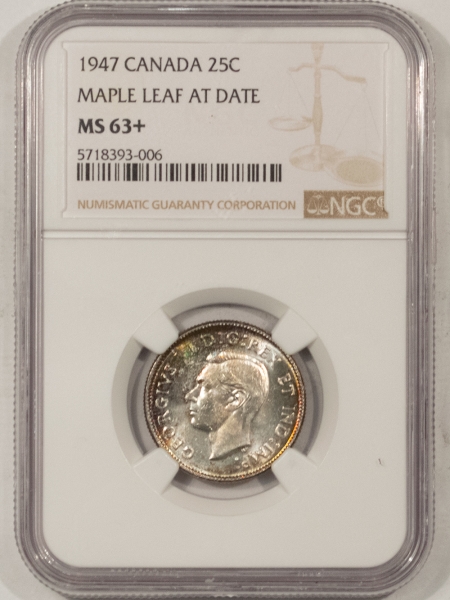 New Certified Coins 1947 CANADA TWENTY-FIVE CENTS MAPLE LEAF AT DATE NGC MS-63+, GORGEOUS