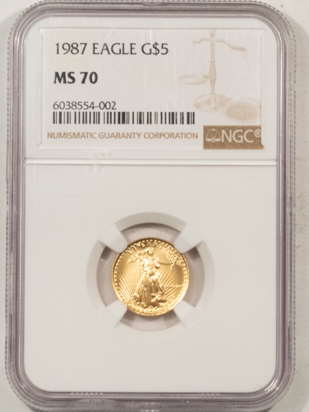 Gold Bullion 1987 1/10 OZ $5 AMERICAN GOLD EAGLE – NGC MS-70, PERFECT! TOUGH!