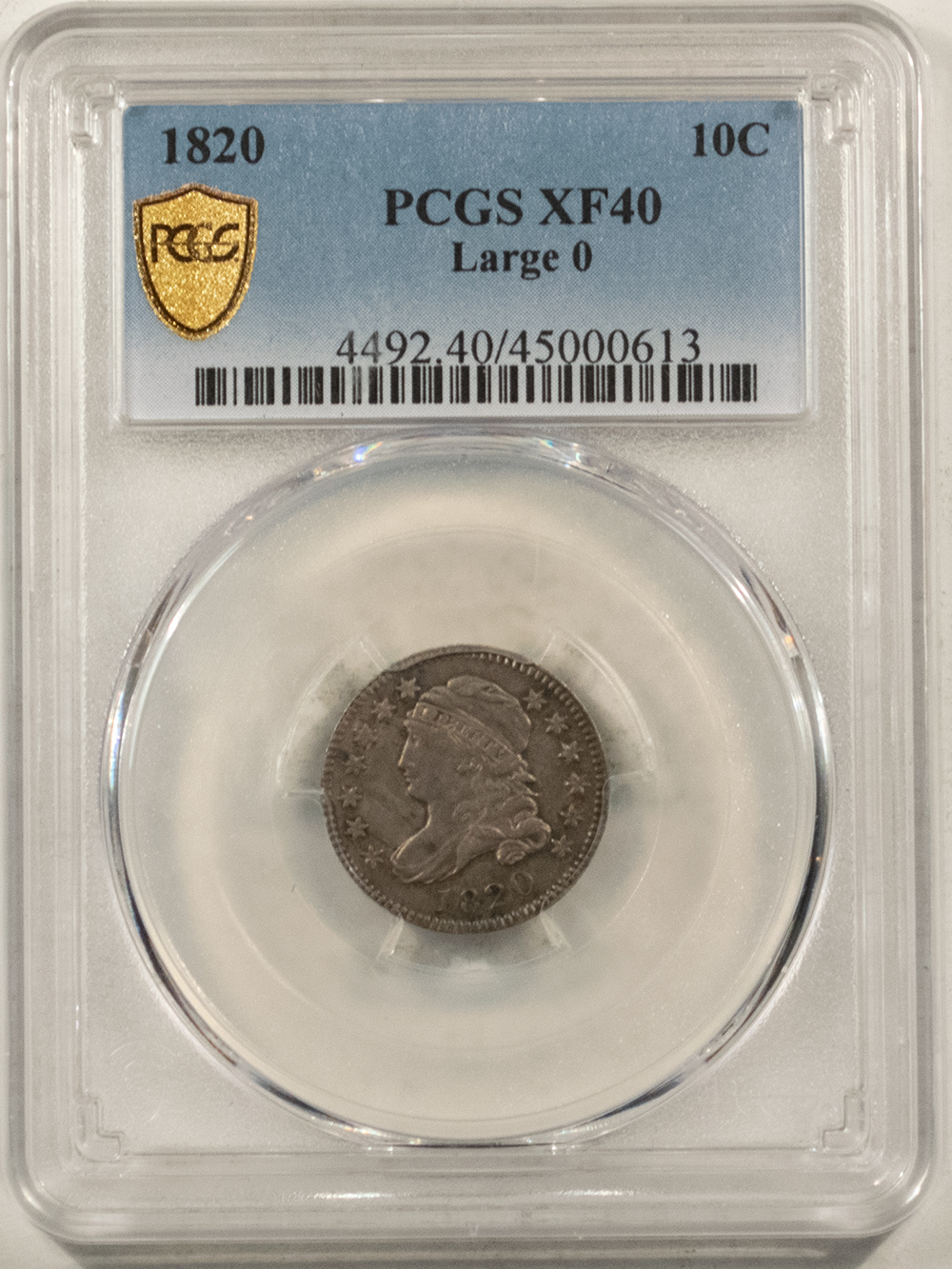 1820 CAPPED BUST DIME, LARGE 0 - PCGS XF-40, SCARCE! PRETTY!