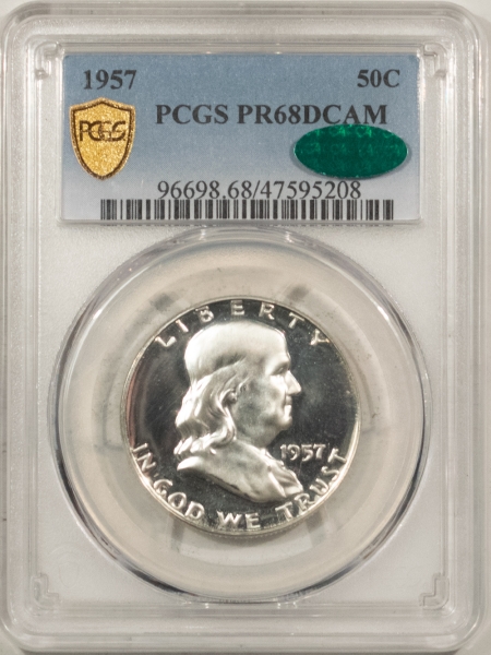 CAC Approved Coins 1957 PROOF FRANKLIN HALF DOLLAR – PCGS PR-68 DCAM, CAC! BLACK & WHITE, STUNNING
