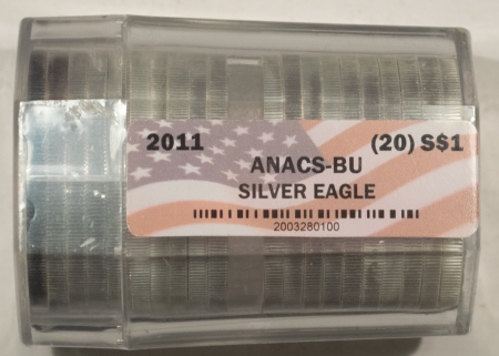 American Silver Eagles 2011 20 COIN 1 OZ AMERICAN SILVER EAGLE SEALED ROLL, ANACS GRADED BRILLIANT UNC