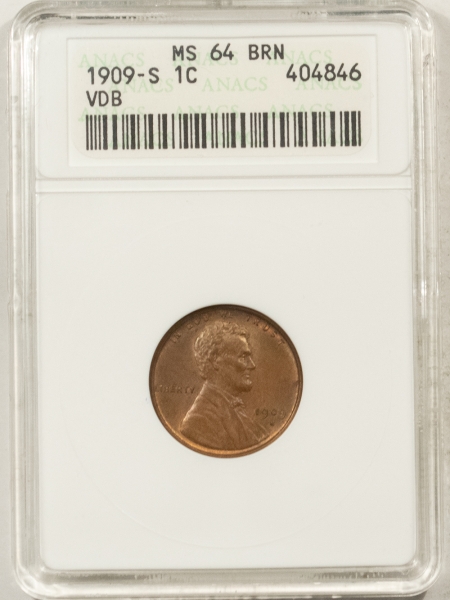 Lincoln Cents (Wheat) 1909-S VDB LINCOLN CENT – ANACS MS-64 BN OLD WHITE HOLDER, FRESH & PQ! KEY-DATE!