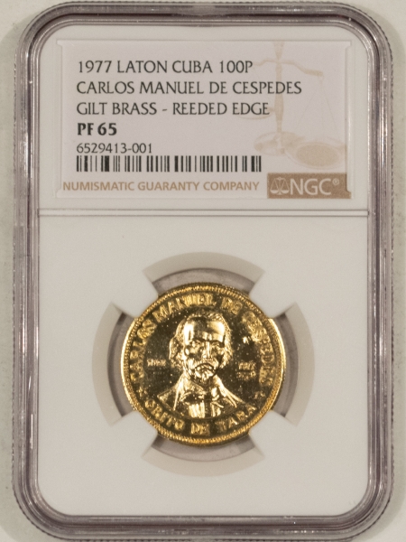 New Certified Coins CUBA 1977 LATON 100 PESOS PATTERN STRUCK IN GILT BRASS/REEDED EDGE NGC PF65