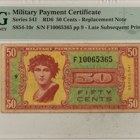 MPCs (Military Payment Certificates) MILITARY PAYMENT CERTIFICATE, SERIES 541, 50c REPLACEMENT NOTE, RD6, PMG VF-20!