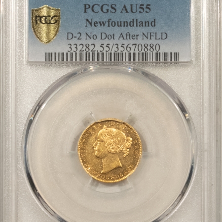 New Certified Coins 1870 $2 NEWFOUNDLAND GOLD, D-2 NO DOT AFTER NFLD, KM-5 – PCGS AU-55, EARLY DATE!