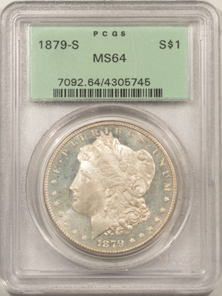 Morgan Dollars 1879-S MORGAN DOLLAR – PCGS MS-64, OLD GREEN HOLDER, OBV PL, PREMIUM QUALITY!