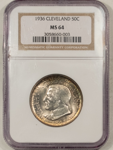 New Certified Coins 1936 CLEVELAND COMMEMORATIVE HALF DOLLAR NGC MS-64, LOVELY COLOR, PREMIUM QUALITY