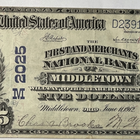 Large National Currency 1902 $5 PB FIRST & MERCHANTS NATIONAL BANK, MIDDLETOWN, OH, CHTR 2025 CRISP VF++