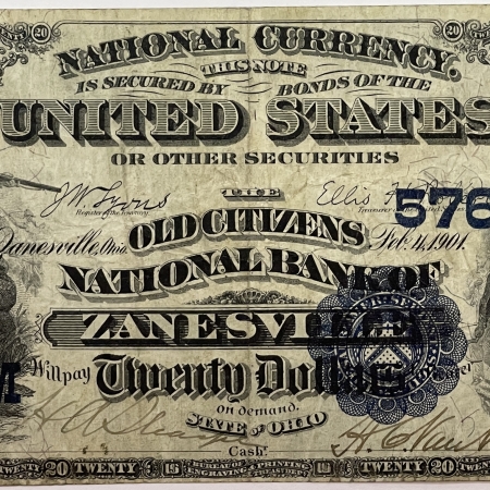 Large National Currency 1882 $20 DATE BACK, OLD CITIZENS NB ZANESVILLE, OH, CHTR #5760-ORIGINAL/FRESH VF