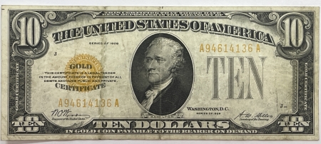 New Store Items 1928 $10 GOLD CERTIFICATE, FR-2400, ORIGINAL VF+, FRESH FROM AN OLD COLLECTION!