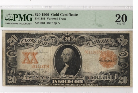 Large Gold Certificates 1906 $20 GOLD CERTIFICATE, FR-1181, PMG VF-20; FRESH & WHOLESOME EXAMPLE!