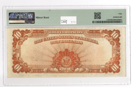 Large Gold Certificates 1907 $10 GOLD CERTIFICATE, FR-1169, PMG ABOUT UNIRCULATED 50; BRIGHT & LOOKS UNC