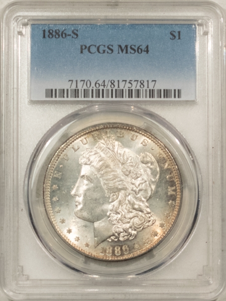 Dollars 1886-S MORGAN DOLLAR – PCGS MS-64, FRESH & FLASHY, NICE!