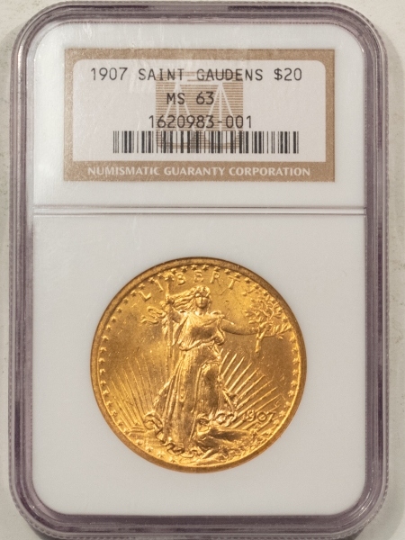 $20 1907 NO MOTTO $20 ST GAUDENS GOLD – NGC MS-63, FLASHY! CHOICE!