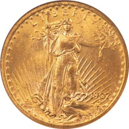 $20 1907 NO MOTTO $20 ST GAUDENS GOLD – NGC MS-63, FLASHY! CHOICE!