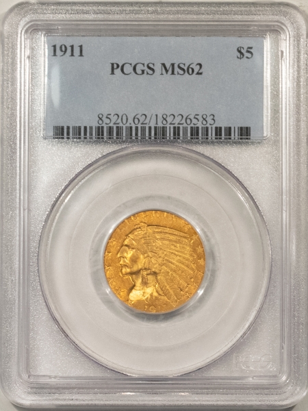 $5 1911 $5 INDIAN GOLD – PCGS MS-62, NICE ORIGINAL!