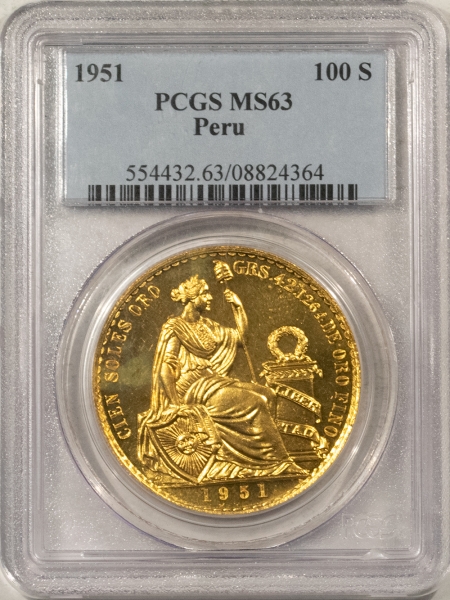 New Certified Coins 1951 PERU GOLD 100 SOLES, 1.354 OZ AGW PCGS MS-63 SCARCE!