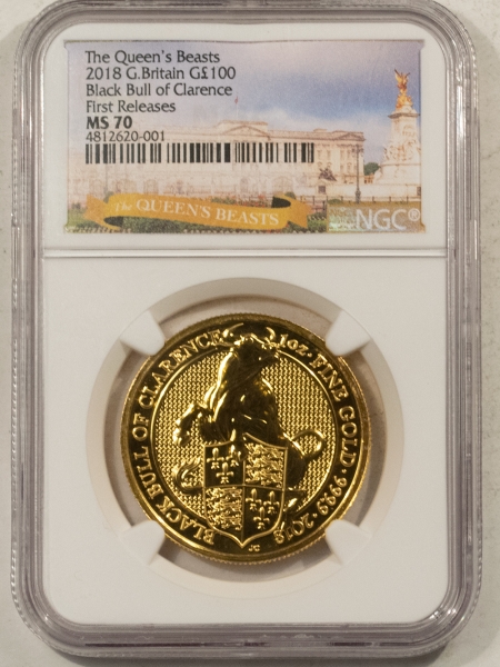 New Certified Coins 2018 GR BRITAIN QUEENS BEAST 1 OZ GOLD 100 LBS BLACK BULL OF CLARENCE NGC MS70