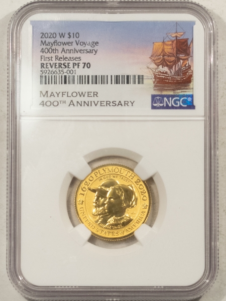 Modern Commems 2020-W $10 MAYFLOWER VOYAGE 400TH 1/4 OZ GOLD COMMEM – NGC PF-70 EARLY REL, RARE