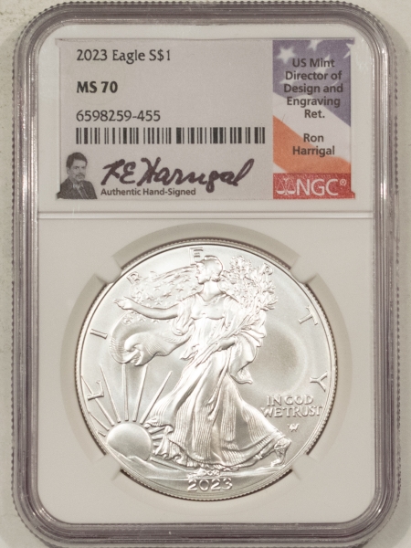 American Silver Eagles 2023 $1 AMERICAN SILVER EAGLE, 1 OZ – NGC MS-70, HARRIGAL SIGNED!