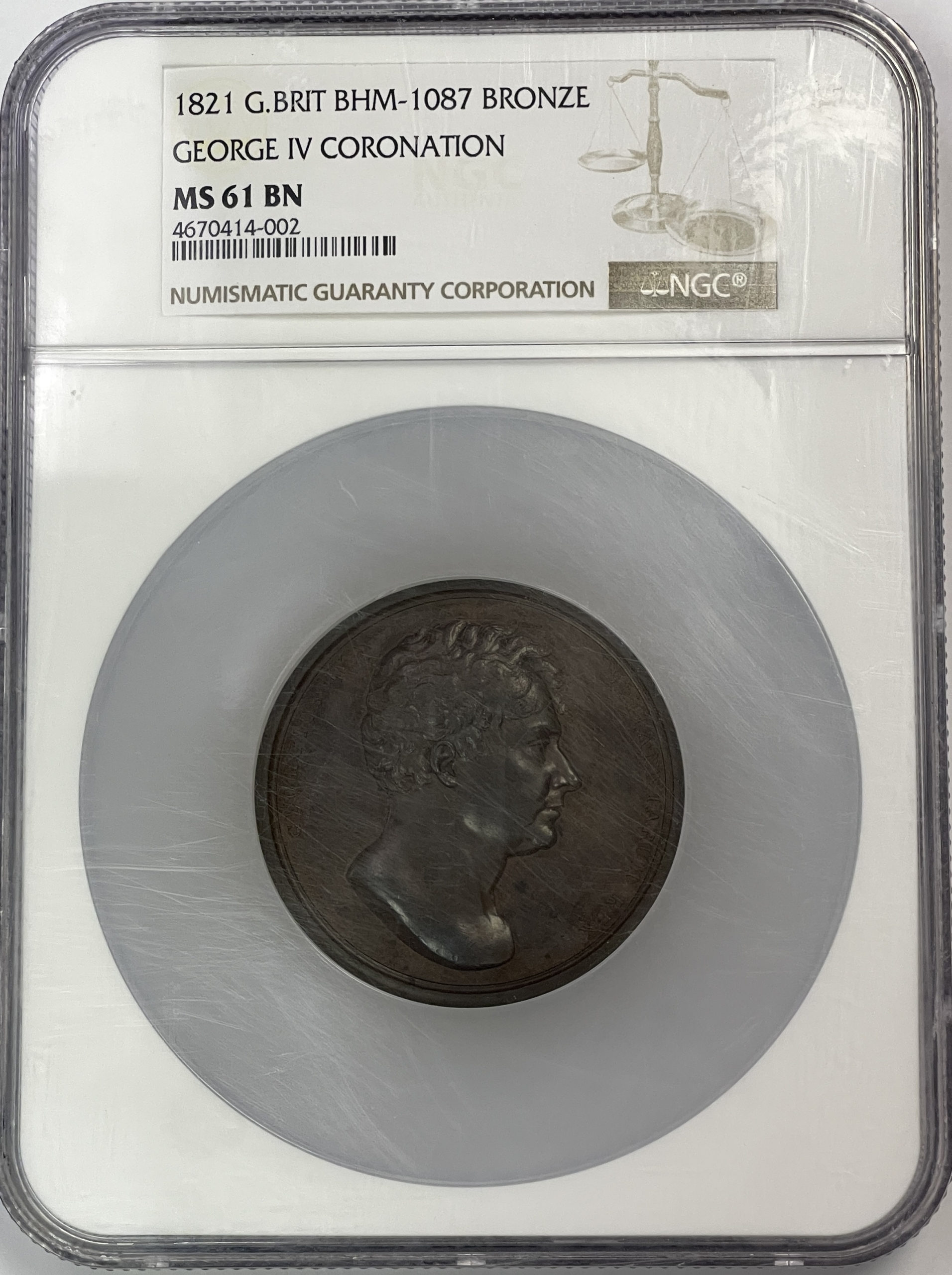 1821 GREAT BRITAIN GEORGE IV BRONZE CORONATION MEDAL 55MM BHM-1087, NGC MS-61 BN
